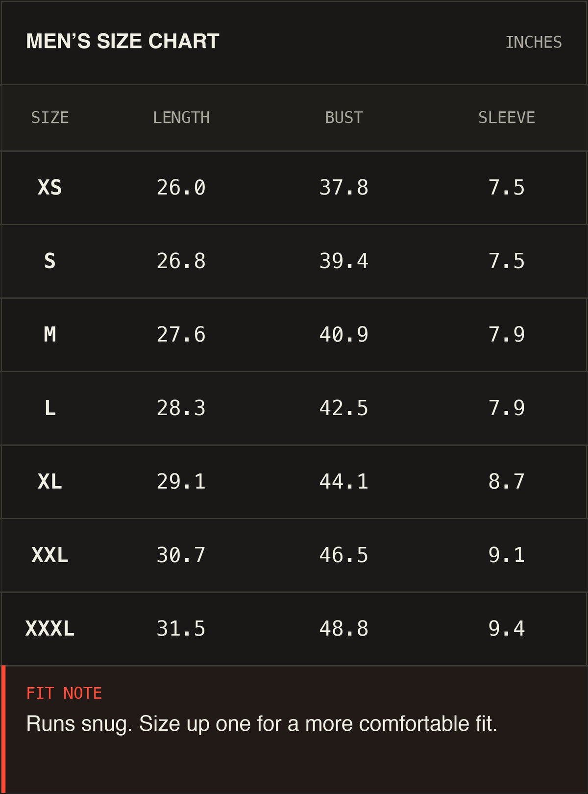 Men’s size chart — measurements in inches