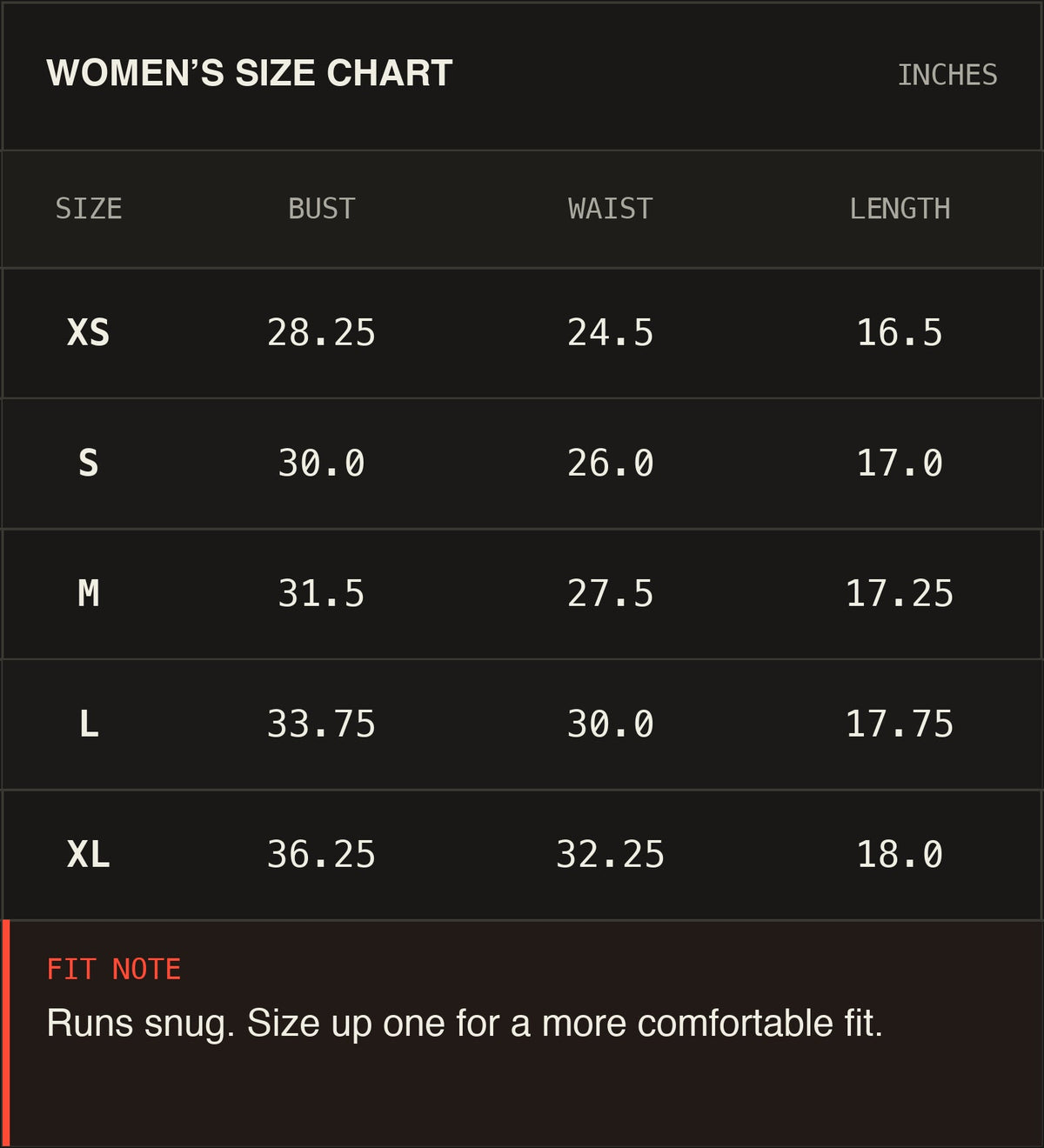 Women’s size chart — measurements in inches